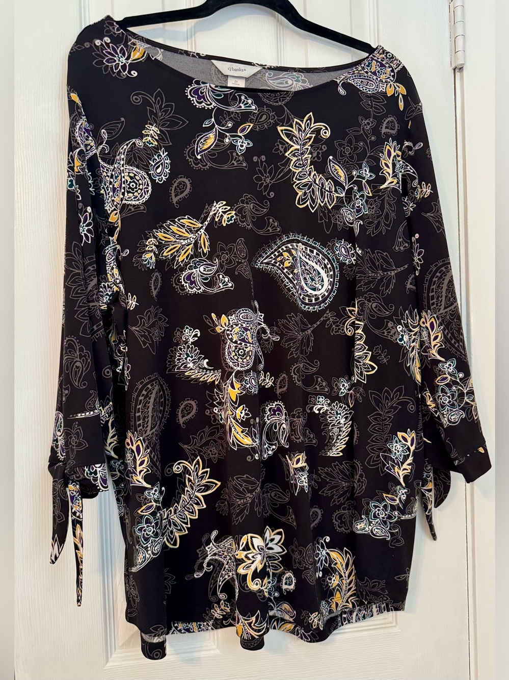 CJ Banks Black Paisley & Floral Tie-Sleeve Tunic Top 2X